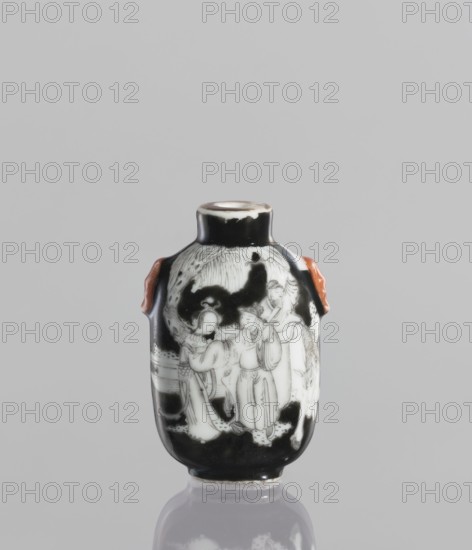 Flask—snuffbox, Chinese; ceramics; polychrome painted flask depicting figurative genre scenes with horses and riders; Qing dynasty, Qianlong period 18th century, 1736–1795; vessel; height 6.4 cm., A small rounded vessel with a short neck and narrow mouth sits against a plain gray background. The vessel's surface shows a high-contrast decoration with prominent black and white areas and small accents of reddish-brown on protruding handle-like elements at its sides. The painted scene on the body features a group of figures wearing flowing garments, rendered in white against the black background, with delicate dark line work showing folds and facial features. The upper portion of the decoration includes darker irregular shapes and lighter textured areas suggesting foliage or drapery. The base and neck show worn spots where the underlying ceramic color appears lighter. The overall colors visible are black, white, gray, reddish-brown, and small areas of off-white.