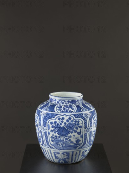 Resource pot vase, maker, Chinese, blue-and-white porcelain, Qing dynasty 1644–1911, 17th–18th century. Height 35 cm. Decoration: in a wide band four reserves depicting rocks, flowering shrubs, and flower tendrils; floral decorations. Vessel; ceramics. Provenance unknown., A ceramic jar with a rounded body and short neck sits on a dark surface against a dark gray background; the jar is white with elaborate blue painted designs including floral motifs, framed panels, decorative borders, and repeating geometric and scroll patterns, showing shades of blue and white.