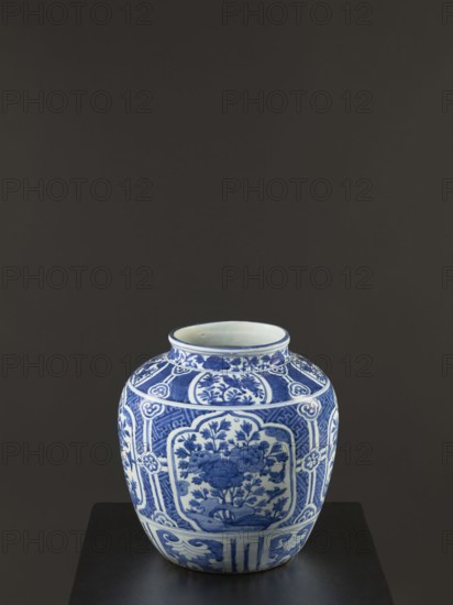 Resource pot — vase, maker, Chinese, blue-and-white porcelain with floral decorations; decoration: in a wide band four reserves depicting rocks and flowering shrubs and flower tendrils; ceramics; Qing dynasty 1644–1911, 17th–18th century; vessel; height 35 cm; provenance unknown., A rounded ceramic jar sits on a dark surface against a dark gray background, decorated with intricate blue floral and geometric patterns on a white base, with a short neck and an open rim showing an off-white interior, and the visible colors are blue, white, dark gray, and off-white.