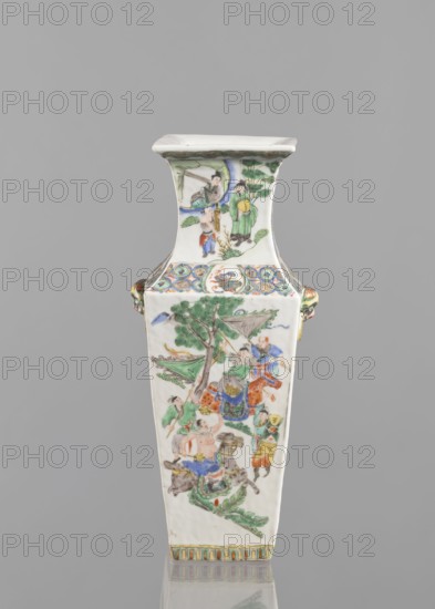 Vase, Chinese, 18th century. Porcelain, colored; figurative genre and battle scenes. Vessel, height 31.2 cm, width 11.0 cm., A tall, rectangular porcelain vase with a flared square rim sits against a plain gray background; the vase is predominantly white with detailed hand-painted scenes in green, blue, red, yellow, orange, and brown, showing figures in traditional clothing, trees, and animals on its front and neck panels; decorative patterned bands in blue, green, yellow, and orange encircle the neck and base, and small ornamental handles with green and orange accents appear on the sides.