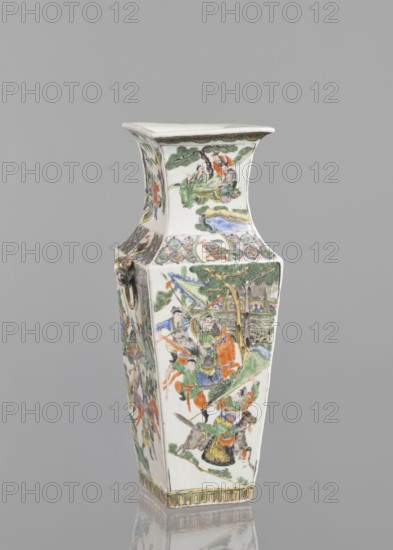 Vase, Chinese, Chinese art, figurative scenes, battle scenes, ceramics, colored porcelain, genre scenes, battles, 18th century, China, vessel, height 31.0 cm, width 11.0 cm, A tall, tapered ceramic vase with a flared square mouth and a square base, decorated on its white surface with painted figurative scenes and ornamental bands; visible colors include green, orange, blue, yellow, brown, black, and pale pink, with gold or tan accents. The main body shows a group of figures in traditional dress beneath trees and near architectural elements, with flowing garments in green, orange, blue, and yellow and faces rendered in pale tones; one side shows figures riding an animal and others carrying banners or weapons. The neck of the vase displays a scene of seated figures beneath stylized trees, while the shoulder area features a band of circular and floral motifs in blue, green, and orange. The vase has a decorative ring handle on one corner and a striped geometric border at the base in yellow...