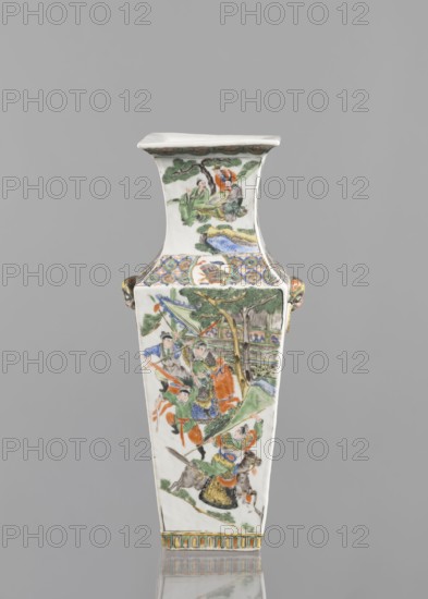 Vase, Chinese, 18th century, colored porcelain, figurative genre and battle scenes, ceramics, vessel; height 31.0 cm, width 11.0 cm., A tall, narrow porcelain vase with a flared square mouth and a tapered square body stands against a gray background; the vase is predominantly white with decorative painted scenes in green, orange, blue, yellow, brown, and black, showing a group of figures in traditional dress among trees and architectural elements on the main panel, with additional figures and landscape motifs on the neck and shoulder; there are patterned bands in blue, orange, yellow, and green encircling the shoulder and the base, and small sculpted handles with colored accents on the sides.