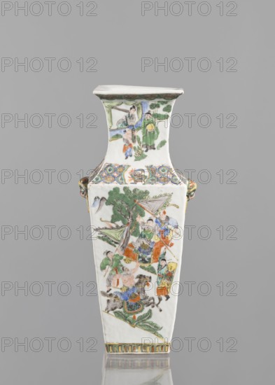 Vase, Chinese, figurative scenes, battle scenes, ceramics, colored porcelain, genre scenes, battles, 18th century, China, vessel, height 31.0 cm, width 11.0 cm, A tall, narrow porcelain vase with a flared rectangular neck and tapered body, decorated with painted scenes and ornamental bands in colors including green, blue, orange, yellow, and brown; the front shows a group of figures in traditional clothing gathered beneath a tree and a canopy, with some figures seated and others standing or riding animals, and nearby foliage and birds; the neck features a separate scene with a few standing figures and garden elements, while a decorative multicolored band separates the neck from the body and a striped band accents the base; the vase sits against a plain gray background and its glossy surface reflects light.
