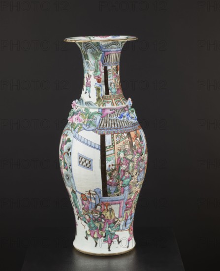 Vase, Chinese, colored porcelain, battle scenes, figural scenes, plant ornaments, floral decorations, court scenes; ceramics, decorative vessel; 19th century, China; vessel; height 63.2 cm, diameter 21.2 cm., A tall porcelain vase with a flared rim sits against a dark background, decorated all over with painted scenes and raised floral appliqués; the body shows a detailed scene with many figures wearing garments in shades of pink, green, blue, and purple, set among architectural elements painted in muted beige, brown, and teal, with accents of gold and black; the neck features smaller figures and landscape motifs in green and blue, while the shoulder has three-dimensional floral and leaf decorations in pink, green, and pale blue; the vase base is white with painted figures around the lower portion, and the rim interior displays painted floral motifs with touches of gold.