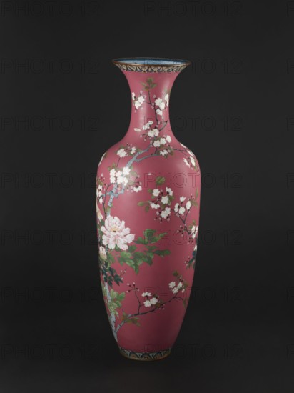 Vase, cloisonné enamel, late 19th century Meiji Period, Japan. Long narrow neck flaring at the spout; height 123 cm, diameter 38 cm, weight 13.0 kg. Decoration: doves among blooming peonies and cherry trees on a pink background., A tall, slender vase with a flared rim sits against a dark background; the vase is predominantly pink and decorated with a floral design showing branches with blossoms and leaves in white, green, and touches of pale pink, with branch details in grayish tones and small areas of blue visible at the rim and base.