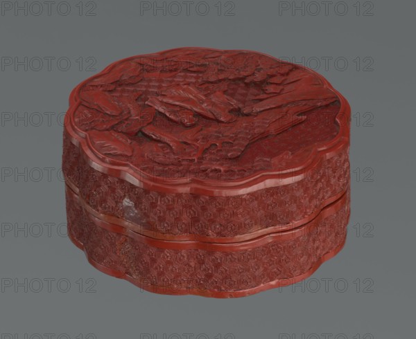 Box with a lid; creator, Chinese; Qing dynasty 1644–1911; 2nd half of the 18th century. Vessel, height 11.0 cm, width 4.8 cm. Materials and/or decoration: figurative scenes of sages, scholars, and servants; landscape motifs with pine trees and rocks; rosettes; geometric ornament including kikko pattern., The image shows a round, scalloped-edge carved box in a deep red color against a muted gray background. The top surface features raised, textured carving with organic, leaf-like shapes and layered relief. The sides display a repeating hexagonal geometric pattern in low relief, with smooth raised bands encircling the box separating the top and bottom sections. The red finish varies slightly in tone, with some areas appearing darker and others slightly lighter, and there are small patches where the surface shows a different sheen. The background is a flat, even gray.