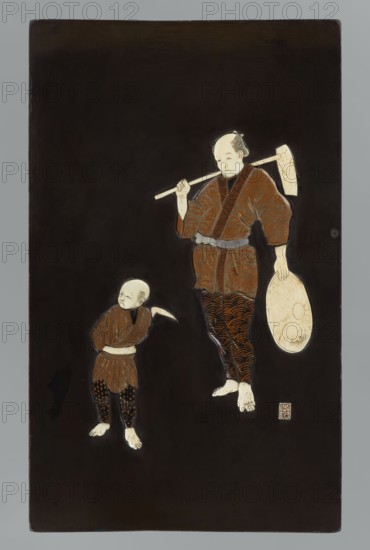 Panel, Sansai,  sculptor author, panels, Japanese art, Japanese culture, Meiji 1868–1912, peasants, 2nd half of the 19th century, Japan, sculpture, height 24.0 cm, width 39.3 cm, A dark brown rectangular panel with a large blank field contains a depiction of two figures rendered in pale ivory tones and reddish-brown clothing; a taller adult figure stands more to the right holding a long pale pole over one shoulder and a pale round object in the other hand, wearing patterned reddish-brown robes and dark patterned trousers, and a smaller child figure stands to the left wearing similar reddish-brown clothing with dark patterned leggings, both figures having pale skin and dark hair, set against the deep brown background with small areas of lighter beige and subtle highlights.
