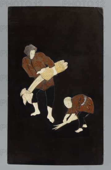 Panel, Sansai,  sculptor author, panels, Japanese art, Japanese culture, 2nd half of the 19th century, Japan place of origin, sculpture, height 24.0 cm, width 39.3 cm, A dark rectangular panel with a deep brown or black background depicts two stylized human figures rendered in pale cream tones with reddish-brown patterned clothing and black pants; one figure stands holding a bundle of pale beige elongated objects wrapped at one end while the other crouches reaching toward a similar pale beige object on the ground, both figures barefoot and outlined with fine dark lines, and the overall composition contrasts the light cream skin tones and beige objects against the dark background with accents of reddish-brown and black.