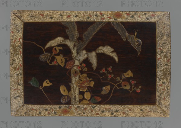 Panel, Japanese art, Japanese culture, snails, leaves, peonies, plant motifs, banana trees, Meiji 1868–1912, Edo 1603–1868, inscription in Japanese on the reverse, 19th century, Japan, facing plate, height 28.5 cm, width 19.0 cm, A rectangular wooden panel with a dark brown central surface framed by a decorative beige border patterned with small rounded shapes and floral motifs in shades of red, green, and gold; the central area features a stylized botanical design with large textured leaves in beige and gold, slender stems and vines in brown, clusters of small round red berries, and various leaves in green, gold, and brown, along with a spiral-shelled snail in gold on a leaf.