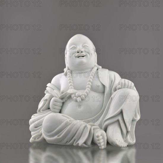 Budai Laughing Buddha, Chinese art, Chinese culture, Qing dynasty 1644–1911, Buddha of the Future Budai/Milefo/Maitreya iconography, 19th century, Fujian, China; figurine; height 30.4 cm, width 21.6 cm, weight 3 kg., A glossy white porcelain statue of a seated, smiling figure wearing draped robes and a beaded necklace, posed with one hand holding a small object near the chest and the other resting on a raised knee; the figure has a rounded belly, visible toes and fingers, and a serene facial expression with closed eyes and a slight open mouth. The background is a smooth, neutral gray, and the base reflects the statue slightly. Colors visible include white and gray.