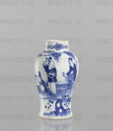Meiping vase, meiping vessel type, ceramics, blue and white porcelain, figural scenes, Qing style, Chinese art, Chinese culture, park scenes, vases, landscape motifs, Qing 1644–1911, baluster-shaped with a belly narrowing at the bottom and flaring towards the foot, narrow neck, 19th century, China, vessel, height 12.5 cm, diameter 7.8 cm, A small ceramic vase with a rounded body and narrow neck sits against a plain light gray background; the vase is white with blue painted decoration showing a scene of two human figures among stylized rocks and plants, floral or cloud motifs around the neck, and additional abstract shapes and brushwork near the base, with visible colors including white, blue, light gray, and a hint of beige on the rim.