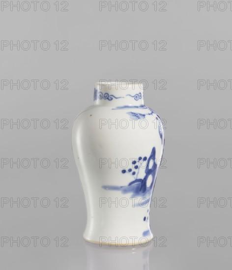 Meiping vase, meiping vessel type, ceramics, blue and white porcelain with figural scenes and park/landscape motifs, Qing dynasty style 1644–1911, baluster-shaped with a belly narrowing at the bottom and flaring toward the foot, narrow neck, 19th century, China, height 12.5 cm, diameter 7.8 cm., A small ceramic vase with a rounded shoulder and slightly flared base sits against a plain light gray background; the vase is glossy white with delicate blue painted decoration including a band of cloudlike scrolls near the short neck and a few brushworked motifs and dots on the body, with visible blue brushstrokes suggesting organic shapes; the rim and base edges show a faint warm beige tone; overall colors visible are white, shades of blue, light gray, and a hint of beige.