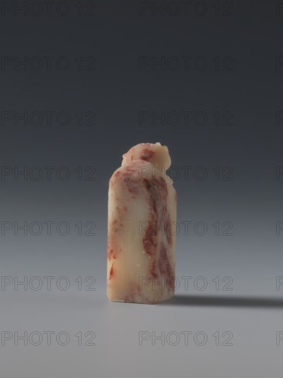 Seal stamp, hares, Chinese art, seal stamp, Chinese, Qing dynasty 1644–1911, late 19th century, China, sculpture; height 5.7 cm, width 1.8 cm, thickness 1.7 cm, A small rectangular object standing upright on a flat surface with a smooth, slightly glossy texture and rounded top features, showing a marbled pattern of creamy off-white and reddish-brown swirls; the background is a gradient from dark gray at the top to lighter gray near the surface, and the object casts a soft shadow to one side.