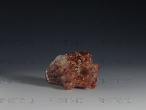 Lemon-shaped paperweight, Chinese, Qing dynasty 1644–1911, paperweight depicting Buddha's hand fingered lemons, 18th–19th century, China; sculpture; height 6.0 cm, width 9.7 cm, depth 5.7 cm, A polished, irregularly shaped mineral or crystal specimen rests on a smooth surface, showing a cluster of bulbous, translucent formations with rounded tips; the piece displays warm reddish-brown and amber tones with areas of lighter, almost pale beige or creamy translucence, and some darker reddish spots and rusty brown inclusions; the background is a smooth gradient from dark charcoal at the top to a lighter gray near the surface, and the surface itself appears pale gray, casting a soft shadow behind the specimen.