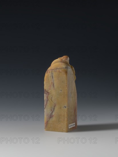 Seal stamp, seal stamp; Chinese art; Chinese culture; Qing dynasty 1644–1911, Qing style; Taoism; Immortals iconography; Eight Immortals iconography; inscription on the stamp; 18th–19th century; China; sculpture; height 9.3 cm, width 3.2 cm, depth 3.1 cm., A tall rectangular stone object with a rounded top sits upright on a smooth surface against a dark to mid-gray gradient background; the stone shows a warm yellow-beige base color with areas of reddish-brown and faint purple veining, small darker speckles, and subtle surface scratches, and its rounded top has layered, curved forms in similar yellow and brown tones.
