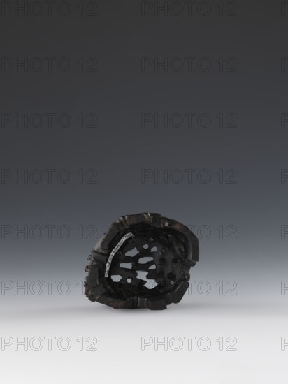 Laozi on base;, deposit provenance noted; Chinese art; Chinese culture; Qing dynasty 1644–1911; Laozi ca. 550–500 BCE; figurine related to Taoism; decoration on base: rocks, pine trees, flowers, lingzhi mushrooms; 19th century; China; sculpture; figurine: height 5.2 cm, width 6.3 cm; base: height 7.7 cm, width 6.1 cm., A small dark object with an irregular circular shape sits near the bottom center of the image against a smooth gradient background that shifts from dark gray at the top to light gray at the bottom; the object appears black and very dark brown in places, has a rough textured surface with several openings and carved or broken edges, and casts a faint shadow on the lighter surface beneath it.