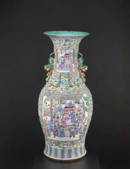 Vase, lion iconography, protection, court scenes, ceramics, Qing style, colored porcelain, Chinese art, Chinese culture, decorative vessel, Qing 1644–1911, rim covered with turquoise paint on the inside, 19th century Qing dynasty, China, vessel, height 90 cm, diameter 37.5 cm, A tall, ornate porcelain vase sits against a dark background, decorated with intricate painted scenes of people in traditional dress on its bulbous body and narrower neck, with floral and scroll motifs surrounding the panels; the vase features ornamental handles shaped like stylized creatures in a greenish hue with gold accents, and the rim and interior of the flared mouth are a turquoise-green; the painted figures and architectural elements show a palette of pink, green, blue, purple, and white with accents of gold and black outlining, while the lower foot band displays repeating vertical patterns in turquoise-green and pink framed by green foliate borders.