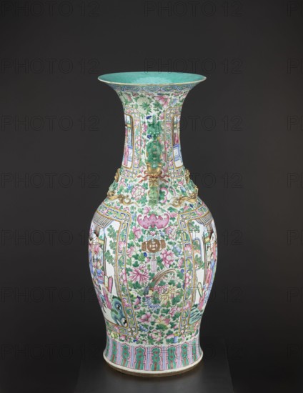 Vase, lion iconography, protection, court scenes, ceramics, Qing style, colored porcelain, Chinese art, Chinese culture, decorative vessel, Qing 1644–1911, rim covered with turquoise paint on the inside, 19th century Qing dynasty, China, vessel, height 90 cm, diameter 37.5 cm, A tall ornate vase stands against a dark background, with a flared rim colored turquoise on the inside and a patterned turquoise band along the outer edge. The body of the vase is predominantly white and is densely decorated with floral motifs in pink and green, with additional flowers and leaves in shades of purple and pale yellow. Framed panels around the vase contain figurative scenes with clothing and skin tones in muted pinks and blues, and accents of light blue and pale lavender appear throughout. There are gilded decorative elements in a metallic gold color near the neck and shoulders, and the lower rim features a repeating decorative band in turquoise and pink with touches of gold. Overall the visible col...