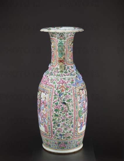 Vase, collateral provenance, manor property Ruchna; Chinese art; Chinese culture; Qing 1644–1911; colored porcelain ceramics; subject: lizards and lion iconography; Qing style; figurative and genre scenes; plant motifs with fruit in the background; decorative vessel vase; 2nd half of the 19th century; China; vessel; height 90 cm; diameter 37.5 cm, A tall, ornate porcelain vase sits against a dark background, featuring a flared rim and a long neck that widens into a bulbous body; the surface is covered in intricate painted and raised decorative motifs including floral patterns, scrolling foliage, and framed narrative panels with human figures, as well as sculpted dragon-like handles and ornamental applied reliefs. The visible colors include white as the base, with prominent greens and pinks in the floral decorations, accents of blue and purple in some raised elements, and touches of yellow and red used in borders and details, along with gold-toned highlights. The overall appearance is r...