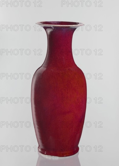Vase, Chinese, Qing dynasty 1644–1911, 19th century. Large oval ceramic vessel with a long wide neck opening at the spout, covered with sang de boeuf bull's blood glaze. Height 58 cm; diameter 24.5 cm., A tall ceramic vase with a flared rim and a narrow neck that widens into a rounded body, shown against a plain pale gray background; the vase surface is glossy with a deep red to burgundy color and subtle variations of darker and slightly lighter red tones, with small areas of purple-tinged red near the neck and base, and a thin lighter edge along the rim.