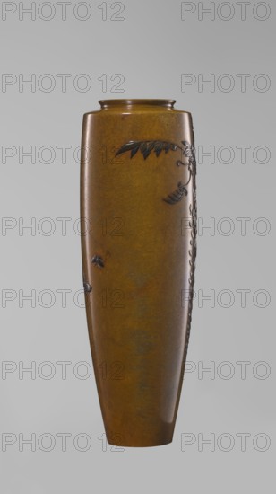 Vase, Nogawa; workshop; gift; repossession Krakow — A slender miniature vase with a belly widening slightly toward the top and narrow, straight arms. There is no neck; the spout is in the form of a flat ring. The bottom is round, slightly recessed, with an engraved brand. Decoration is sparse: a naturalistically treated wisteria vine placed in the upper part of the belly on one side, from which a sumptuous flower cluster hangs down almost to the end of the vase. Made of silver with gilding and black shakudo patina, the piece combines various metals and alloys for a colorful effect and a darker tone for the decorative motif against the background, blending naturalism with sublime decorativeness. Ca. 1890–1900 Meiji period, 1868–1912. Japan, Kyoto. Vessel. Height 15.7 cm; width 5.3 cm., A tall tapered vase with a smooth surface in a warm brown and amber tone, showing subtle variations of darker and lighter brown; a few raised decorative elements in a darker brown appear on one side, incl...
