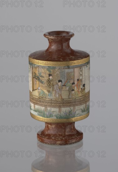 Vase, Kinkôzan Sôbei VII 1867–1927 maker; Kinkôzan workshop co-creator. Vase in the shape of a sake bottle, on a stem; short, narrow neck. Decorated with wisterias, irises, bamboos. Ceramic, Meiji period 19th/20th century, 1868–1912. Japan, Kyoto. Vessel; height 11.7 cm, diameter 6.5 cm., A cylindrical vase with a bulbous neck and foot in mottled brown and reddish tones, decorated around the middle with a detailed painted scene featuring a group of people wearing ornate garments in colors such as gold, pale blue, green, lavender, and red, set against a backdrop of architectural elements and foliage rendered in muted greens, beige, and pale browns; the painted band is edged with narrow decorative borders in gold and the lower part of the scene shows water and reeds in green and pale purple.