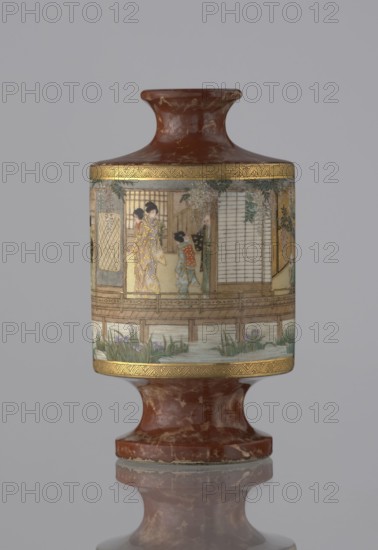 Vase, Kinkôzan Sôbei VII 1867–1927 and Kinkôzan workshop; gift; genre scenes; Japanese art; ceramics; vases; Japanese; wisterias, irises, bamboos; Meiji 1868–1912; vase in the shape of a sake bottle, on a stem; short, narrow neck; 19th/20th century Meiji period, 1868–1912; Japan, Kyoto; vessel; height 11.7 cm; diameter 6.5 cm., A cylindrical vase with a narrow neck and a flared mouth sits on a rounded pedestal base, both showing a mottled reddish-brown surface with lighter marbling. Around the middle of the vase is a painted scene framed by narrow decorative gold bands, depicting a group of people wearing patterned garments standing on a wooden veranda beside sliding screens, with hanging foliage and a water channel below showing green plants and flowering irises. The painted panel uses colors including gold, cream, pale blue, green, black, and soft reds, while the background of the image is a plain light gray.