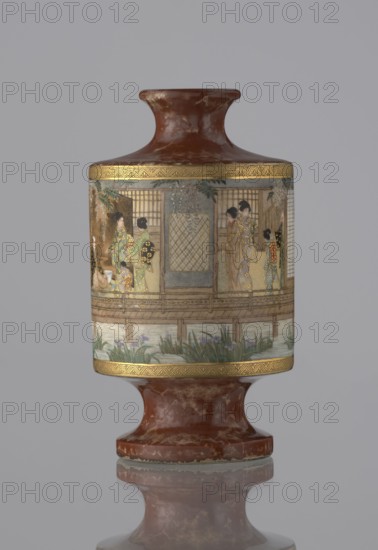 Vase, Kinkôzan, Sôbei VII 1867-1927 maker, Kinkôzan workshop. Genre scenes; Japanese art; ceramics; vases; Japanese culture. Decoration: wisterias, irises, bamboos. Meiji 1868–1912. Vase in the shape of a sake bottle, on a stem; short, narrow neck. 19th/20th century Meiji period. Japan, Kyoto. Vessel. Height 11.7 cm; diameter 6.5 cm., A cylindrical vase with a flared neck and a round foot, predominantly brown with marbled lighter brown patches, decorated around its midsection with a detailed painted scene showing a group of women wearing patterned kimonos in shades of green, gold, beige, and blue, standing on a wooden veranda with screens and plants behind them; the painted band is bordered above and below by narrow decorative gold bands and below that a painted area with green leaves and purple flowers; the background is a smooth light gray.