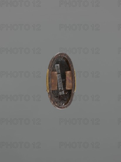 Sword hilt cap kashira, demons Oni decoration, Japanese, Edo period 1603–1868, 18th century, katana hilt fitting, lightning motif, kashira; height 3.5 cm, width 1.9 cm, depth 1.0 cm., An oval, bowl-like object viewed from above with a dark brown interior and exterior, a few areas of lighter brown on inner rectangular pads, and narrow gold-colored bands along the sides, all set against a flat gray background.