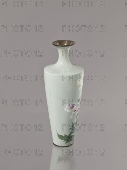 Vase, poppies and flowers iconography; Japanese; Meiji–Taisho period, ca. 1910–1920; cloisonné enamel; Nagoya, Japan; vessel; height 24.5 cm, diameter 9.0 cm., A slim, pale green ceramic vase with a narrow neck and a flared rim that has a metallic brownish-gold inner edge, decorated with painted flowers in shades of pink, white, green, and hints of yellow, set against a smooth grayish background with the vase casting a faint reflection.