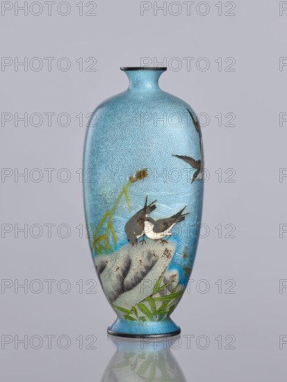 Vase, Tomiki, Shôbei fl. ca. 19th/20th century craftsman, chidori plovers, reeds, waves; cloisonné enamel; Meiji 1868-1912, Japan; vessel; Signature: Tomiki engraved on the bottom in a vase-shaped cartouche 3 katakana characters: Tomiki; height 12.2 cm, width 5.6 cm, depth 5.6 cm., A slender vase with a narrow neck and flared rim, predominantly light blue with a textured, speckled surface, depicts a nature scene featuring a group of small birds with brown, white, and grey feathers perched on and flying above a grey rock; there are green reeds and grass around the rock and hints of darker blue water or background, with a darker rim at the top and base and a subtle reflection of the vase visible beneath it.