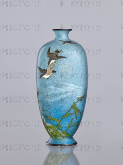 Vase, Tomiki, Shôbei fl. ca. 19th/20th century,  craftsman author; chidori birds, cloisonné enamel, Japanese art, vases; reeds, plovers, waves, decorative vessel; Meiji 1868-1912; Signature: Tomiki engraved on the bottom: in a vase-shaped cartouche 3 katakana characters: Tomiki — signature of the artist Tomiki Sobei, 19th/20th century Meiji period 1868-1912, Japan; vessel; height 12.2 cm, width 5.6 cm, depth 5.6 cm, A tall, narrow vase with a rounded body and a slightly flared neck stands against a pale background; the vase is predominantly light blue with a textured surface and darker blue shading toward the lower midsection, decorated with a few flying birds rendered in white, brown, and dark gray with small reddish beaks, and a group of green leafy stems and foliage near the base, with subtle wave-like patterns in pale blue across the middle and a thin dark rim at the top and bottom.