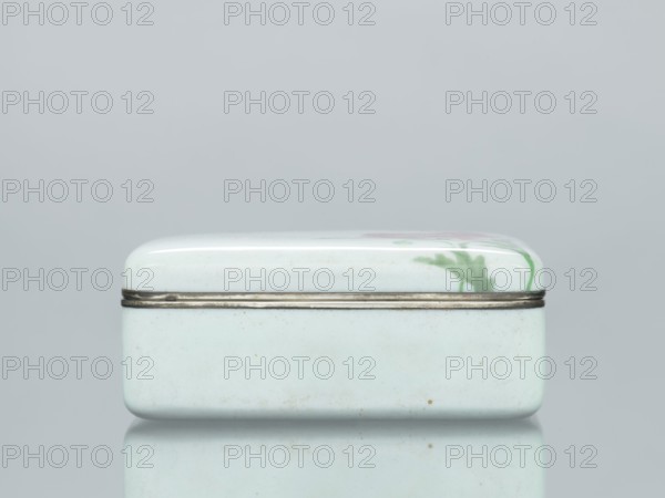Box with a lid, cloisonné enamel, poppies and plant ornament, decorative vessel, box; Japanese, Taisho period, ca. 1912–1926; height 4.7 cm, width 11.1 cm, depth 8.8 cm., A small rectangular box with rounded edges sits centered on a reflective surface against a pale gray background; the box is mostly a very light bluish-white with a glossy finish, a thin metallic band encircles its midpoint, and there are hints of green and pink brushlike markings on the upper surface.