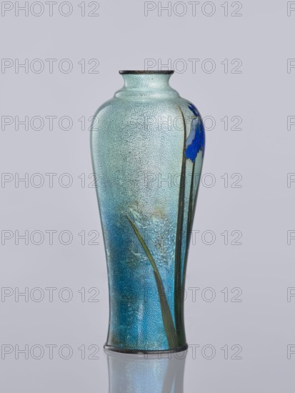 Vase by Miwa, Tomisaburô fl. ca late 19th century–early 20th century. Cloisonné enamel elongated vase, Japan, early 20th century Meiji period, 1868–1912. Decoration: irises white and blue in the background; cranes engraved and polished in foil among plants, standing in water. Foil covered with transparent enamel. Vessel height 12.2 cm, diameter 5.1 cm. Gift; repossession Kraków., A tall vase with a slender, curving silhouette and a narrowed neck sits against a pale gray background, its surface showing a textured, pebbled finish in shades of light turquoise and deeper teal that gradate toward blue near the base; a few long, dark green vertical stems rise along one side, and a single vibrant blue flower petal is visible near the upper side, while subtle raised botanical motifs in a slightly iridescent turquoise are embossed on the body, and a thin dark rim caps the top and bottom edges.