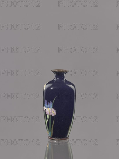 Vase, gift, irises, repossession Krakow, Japanese art, Japanese, Meiji 1868–1912, cloisonné enamel. Ovoid vase with a short, thin, flared neck; dark blue background of the decoration. ca. 1900 Meiji Period, 1868–1912. Japan. Vessel. Height 9.1 cm; diameter 4.3 cm., A dark blue ceramic vase with a narrow neck and flared rim sits centered against a plain gray background, showing glossy reflections; a floral motif with petals in shades of purple, pink, blue, and touches of yellow and green leaves decorates one side, and the vase's base and inner rim have subtle brownish tones.