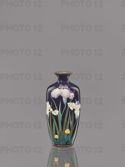 Vase, Ovoid vase with a short, thin, flared neck. Cloisonné enamel with a dark blue background and irises decoration. Meiji period ca. 1900, Japan. Height 9.1 cm; diameter 4.3 cm., A tall, narrow vase with a flared rim sits centered against a plain gray background, the vase surface a deep navy blue with a glossy finish showing a subtle reflection beneath it; stylized floral decorations cover the body, including a group of iris-like flowers in pale purple and white with long green leaves and stems, and a few small round yellow blossoms near the base, along with layered green foliage.