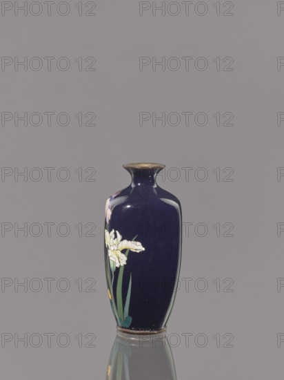 Vase, gift, repossession Krakow — irises, Japanese art, Japanese, Meiji 1868–1912, cloisonné enamel. Ovoid vase with a short, thin, flared neck; dark blue background of the decoration. Ca. 1900 Meiji Period, 1868–1912. Japan. Vessel; height 9.1 cm, diameter 4.3 cm., A tall, narrow vase with a flared rim stands centered against a plain gray background. The vase has a deep navy surface with a glossy finish and a subtle reflective sheen. A floral decoration wraps partway around the vase, showing a pale white flower with layered petals and a few long green leaves, alongside a small hint of yellow and a touch of pink near the top. The base of the vase has a thin band of darker metal or glaze. The vase's reflection is visible on the smooth surface beneath it.
