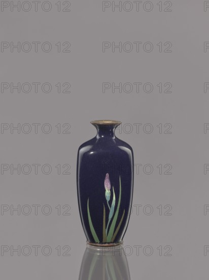 Vase, ovoid cloisonné enamel vase with a short, thin, flared neck; dark blue background decorated with irises; Meiji period, ca. 1900; Japan; vessel; height 9.1 cm, diameter 4.3 cm., A tall, narrow vase with a glossy deep blue surface stands centered against a muted gray background, featuring a single stylized flower motif with a purple bud and green leaves on its front; the vase has a flared rim with a slightly metallic inner edge and sits on a reflective surface that echoes its shape below, showing highlights and subtle light reflections on its curved sides in colors including blue, purple, green, gray, and a hint of metallic brown.