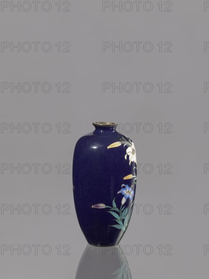 Vase, gift, repossession Krakow, lilies, Japanese art, Japanese, Meiji 1868–1912, cloisonné enamel, 19th/20th century Meiji period, Japan, vessel, height 9.1 cm, diameter 4.8 cm, A tall vase with a deep blue glossy surface stands on a reflective surface, showing a partial reflection below. The vase has a narrow neck with a slightly flared rim in a metallic color and a rounded body that tapers toward the base. On one side of the vase there is a painted floral design featuring a few white flowers, a few blue flowers, several yellow buds, and green leaves with visible stems. The background behind the vase is a uniform light gray.