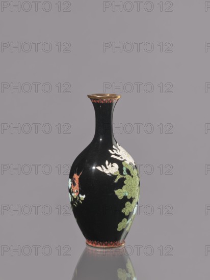 Vase, cloisonné enamel; decorated with chrysanthemums in a symmetrical design; Meiji period, ca. 1900; Nagoya, Japan; vessel; height 19.3 cm, diameter 9.1 cm., A black vase with a narrow neck and flared rim stands against a muted gray background, decorated with floral motifs including white blossoms and green leaves, a reddish-orange flower accent, and small pale blue flowers; the rim shows a metallic gold color and a red scalloped band appears at the base, with the vase reflected faintly on the surface below.