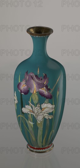 Vase, ovoid one of a pair, slender, on a low ring-shaped foot and a narrow neck, flaring at the rim; foot and mouth framed with sheet metal. Decorated with a motif of a blooming iris bush, naturalistically rendered with varied color tones, executed using the yusen cloisonné enamel technique against a uniform sea-green background. Narrow, colorful borders of small triangular cicada wing forms around the foot and rim. Japanese, Meiji period, ca. 1900; Nagoya. Vessel. Height 25 cm; width 9.7 cm; depth 8.8 cm., A tall, slender vase with a flared neck and rounded body sits against a neutral background; the vase is primarily teal with a metallic rim showing a worn brass color, and a decorative band of red and alternating pale blue and white shapes at the base. On the body of the vase is a painted floral motif featuring a group of large irises in shades of deep purple and white with yellow accents, accompanied by long green leaves and stems in varying shades of green. The surface of the vase ...