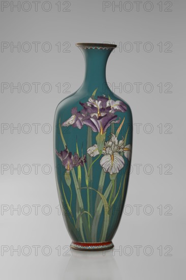 Vase, ovoid one of a pair, slender, on a low ring-shaped foot with a narrow neck flaring at the rim; foot and mouth framed with sheet metal. Decorated with a motif of a blooming iris bush, rendered with naturalistic fidelity and varied color tones, executed using the yusen cloisonné enamel technique against a uniform sea-green background. Around the foot and rim are narrow, colorful yusen borders composed of small triangular forms called cicada wings. Meiji period, ca. 1900., Nagoya, Japan. Vessel; height 25 cm, width 9.7 cm, depth 8.8 cm., A tall, slender vase with a narrow neck and flared rim, finished in a deep teal color and decorated with floral motifs; a group of irises in shades of purple and white with yellow accents and green stems and leaves rise from the base, the petals showing fine linear detailing in lighter and darker tones; the rim and foot have thin decorative bands in brown, red, blue, and white; the background is a smooth gray.