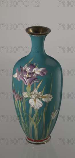 Vase, repossession Krakow, irises, flowers iconography, Meiji 1868–1912, Japanese art, cloisonné enamel, Japanese culture, Ovoid vase one of a pair, slender, on a low ring-shaped foot and with a narrow neck, flaring at the rim. The foot and mouth are framed with sheet metal. Decorated with a motif of a blooming iris bush, captured with naturalistic fidelity and attention to a variety of color tones. Executed using the yusen technique, the motif is placed against a uniform sea-green background. Around the foot and the rim there are narrow, colorful borders, also made using the yusen technique, composed of small triangular forms called cicada wings. ca. 1900 Meiji Period, 1868–1912, Nagoya, Japan. Vessel; height 25 cm, width 9.7 cm, depth 8.8 cm., A tall vase with a narrow neck and flared rim sits against a neutral background, its main body a teal color with a glossy finish, decorated with painted floral motifs showing a group of iris flowers in shades of purple and white with yellow acc...