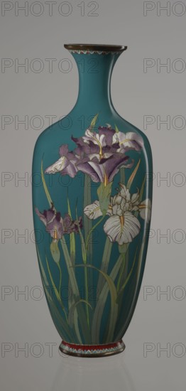 Vase, ovoid one of a pair, slender, on a low ring-shaped foot with a narrow neck flaring at the rim; foot and mouth framed with sheet metal. Decorated with a motif of a blooming iris bush rendered with naturalistic fidelity and varied color tones, executed using the yusen cloisonné enamel technique against a uniform sea-green background. Narrow, colorful borders of small triangular cicada wing forms around the foot and rim. Japanese, Nagoya; ca. 1900 Meiji period, 1868–1912. Vessel; height 25 cm, width 9.7 cm, depth 8.8 cm., Gift/provenance and repossession notes omitted., A tall vase with a narrow neck and flared rim, finished in a teal-green background and decorated with a group of iris flowers; the flowers have purple and white petals with yellow accents and are surrounded by long green leaves and stems; the rim and base have decorative bands with red, blue, white, and gold tones; the surface is glossy and reflective, and the overall color palette includes teal-green, purple, white,...