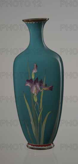 Vase, gift, repossession Krakow, irises, flowers iconography, Meiji 1868–1912, Japanese art, cloisonné enamel, Japanese culture, ovoid vase one of a pair, slender, on a low ring-shaped foot with a narrow neck flaring at the rim. Foot and mouth framed with sheet metal. Decorated with a motif of a blooming iris bush, rendered naturalistically with varied color tones. Executed using the yusen technique, motif set against a uniform sea-green background. Around the foot and rim are narrow, colorful borders also made with yusen, composed of small triangular forms called cicada wings. Ca. 1900 Meiji Period, Nagoya, Japan. Vessel; height 25 cm, width 9.7 cm, depth 8.8 cm., A tall, slender vase with a smooth teal surface and a narrow flared neck topped by a dark rim, decorated with a painted floral motif showing a group of purple flowers with pale purple and darker purple petals and green buds and long green leaves, with additional decorative bands in red, white, blue, and gold near the base, a...