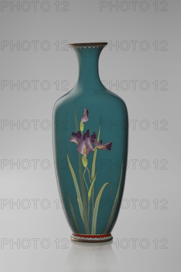 Vase, ovoid one of a pair, slender on a low ring-shaped foot with a narrow neck flaring at the rim; foot and mouth framed with sheet metal. Decorated with a motif of a blooming iris bush rendered naturalistically in a variety of color tones, executed using the yusen cloisonné enamel technique against a uniform sea-green background. Narrow colorful borders of small triangular cicada wing forms around the foot and rim. Japanese, Nagoya; Meiji period, ca. 1900. Vessel cloisonné enamel, height 25 cm, width 9.7 cm, depth 8.8 cm., A tall, slender vase with a narrow neck and flared rim in teal, decorated with a painted design of a group of purple flowers with green stems and long leaves, a few buds, and a small decorative border in red, blue, white, and gold at the base and a subtle gold rim at the top, shown against a smooth gray background.