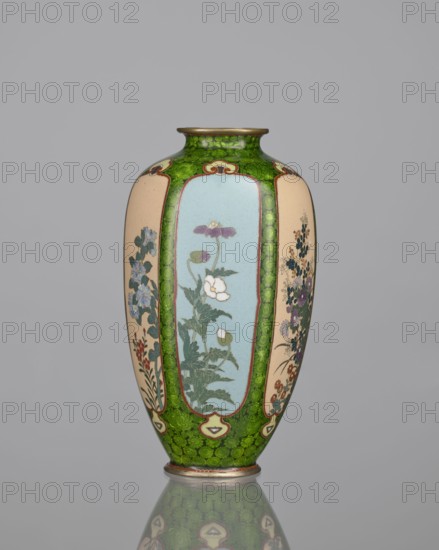 Vase, cloisonné enamel, floral pattern with butterflies and plant ornaments; Meiji period 1868–1912, Japan; background of decoration in reserves: dense green floral rosettes and butterflies; 19th/20th century; vessel; height 15.3 cm, width 8.7 cm, depth 8.2 cm., A tall vase with an elongated ovoid shape standing on a short foot and a narrow neck, decorated with a repeating panel design; the main background color around the panels is a bright mottled green, the panels themselves alternate between a pale beige and a soft blue, and the neck rim and foot edge show a metallic bronze tone. The panels contain floral motifs rendered in greens, whites, purples, blues, reds, and muted pinks, with leafy stems and clusters of blossoms; thin brown outlines separate the panels from the green ground and small decorative cartouche shapes in cream and brown accent the panel borders. The surface has a glossy finish that produces a subtle reflection of the vase on the smooth gray surface beneath it, and ...