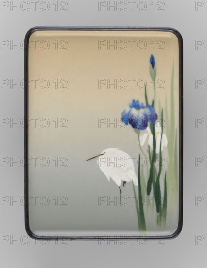 Tray, Namikawa Sôsuke 1847–1910, ca. 1890–1900 Meiji Period, Nagoya, Japan. Rectangular tray with rounded corners, height 1.3 cm, width 23.1 cm, depth 17.2 cm. Cloisonné enamel musen and yusen techniques and shakudo metal edge. Obverse: asymmetrical painterly composition showing a white heron standing on one leg beside a clump of white and blue irises; background transitions from bluish at the bottom to cream with a hint of pink, suggesting a delicate auroral glow. Executed largely in musen wireless enamel with sparse wires retained shosen to define the bird’s beak and legs. Reverse: dense cherry blossom ornament in two shades of brown on a matte dark brown enamel ground, flowers executed in cloisonné with gold wires; central silver-wired seal woven with the signature “Sakigake.”, A rectangular object with rounded corners and a thin dark border shows a soft gradient background from beige at the top to pale gray at the bottom, featuring a white bird with a slender yellowish beak and dar...