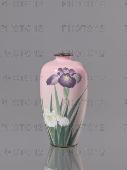Vase, cloisonné enamel; decorated with flowers and irises; Taisho period, ca. 1912–1926; Nagoya, Japan; vessel; height 15 cm, diameter 7.9 cm., A glossy pink vase with a rounded shoulder and narrow neck stands on a reflective surface, decorated with painted flowers including a large purple blossom with a small yellow center and a couple of white blossoms, accompanied by long green leaves; the vase has thin metallic rims at the neck and base and is set against a plain gray background.