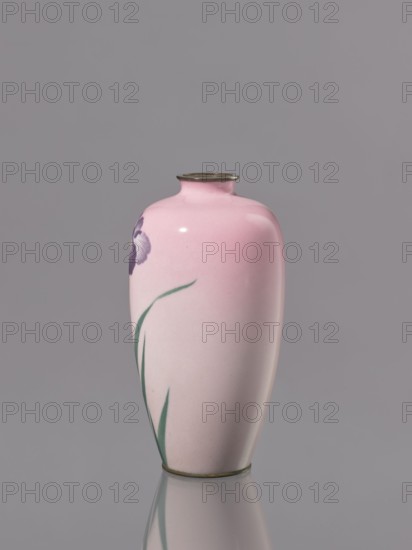 Vase, cloisonné enamel, decorated with flowers and irises; Taisho period, ca. 1912–1926; Nagoya, Japan; vessel, height 15 cm, diameter 7.9 cm., A smooth, glossy vase with a rounded body and narrow neck sits against a plain background, the vase surface shading from pale pink to a slightly deeper pink toward the top. A partial purple flower petal is visible near the upper side of the vase, and a few long, slender green leaves extend upward along the body. The rim and base of the vase have a thin metallic band in a brass-like color, and the vase casts a soft reflection on the surface below. The visible colors are pink, purple, green, gray, and a brass-like metallic tone.